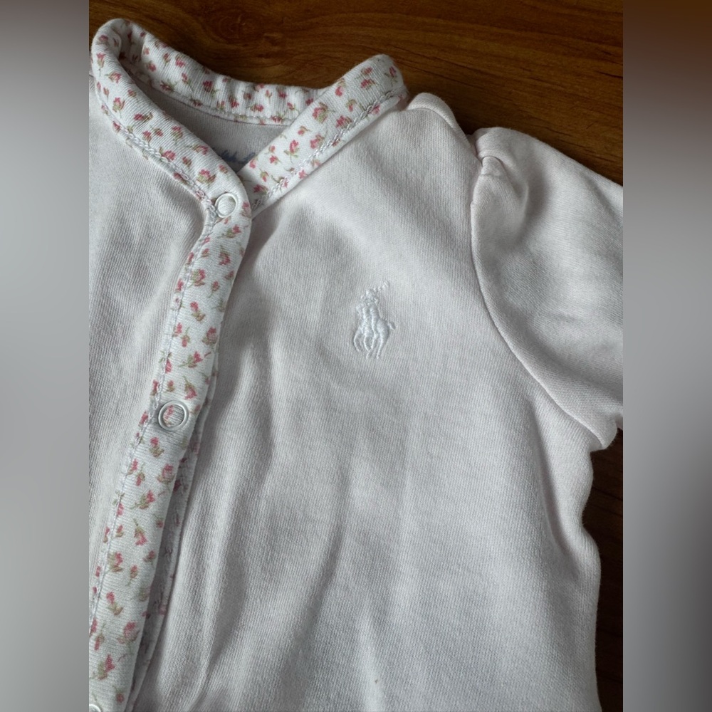 Ralph Lauren Delicate Pink Floral-Trim Footed Coveralls 100% Cotton Pajamas NB - Picture 3 of 12